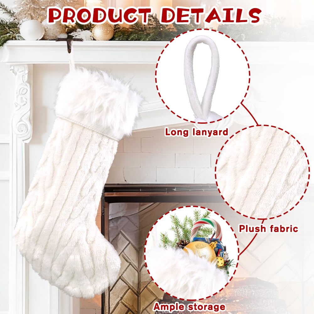 Teeanzo 4 Pcs Christmas Plush Stockings 18 Inch Large Snow White Faux Fur Xmas Stocking with 4 Styles Textured Patterns Holiday Classic Hanging Ornaments Socks for Xmas Home Party Fireplace Decor