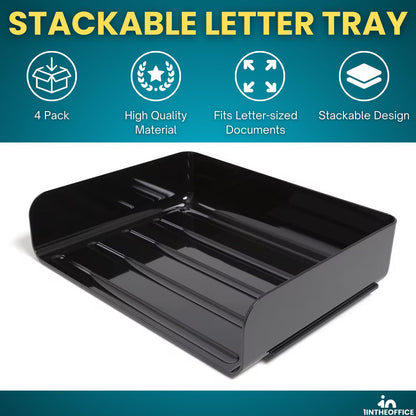 1InTheOffice Stackable Paper Tray Organizer, Plastic Letter Tray, Office Desk Tray, Black (4Pack)
