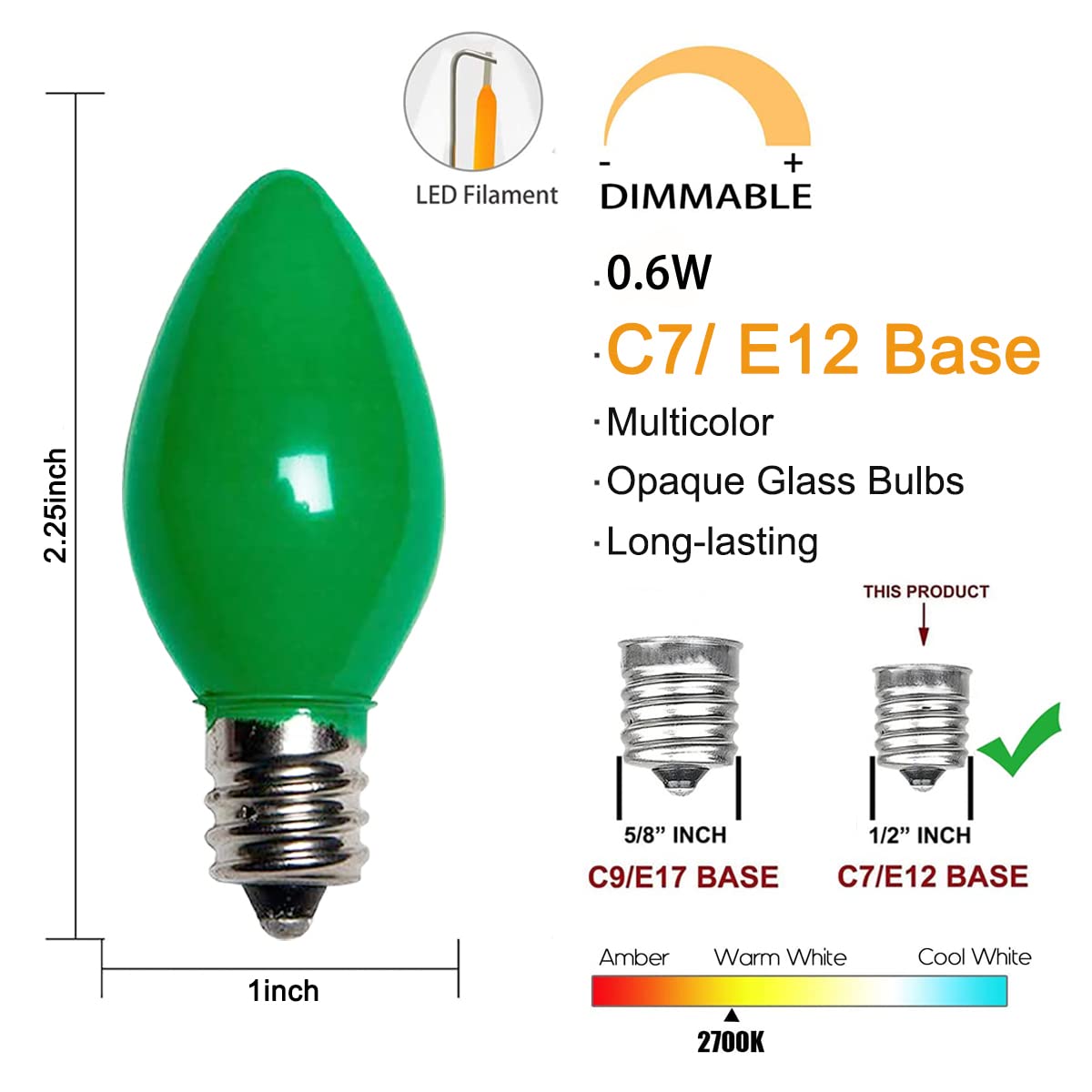 25 Pack C7 LED Multicolor Christmas Replacement Light Bulbs, C7 Multicolor Lights Bulbs for Christmas Outdoor String Lights, E12 Candelabra Base Night Light Bulbs, 0.6 Watt Saving Enengy LED Bulbs