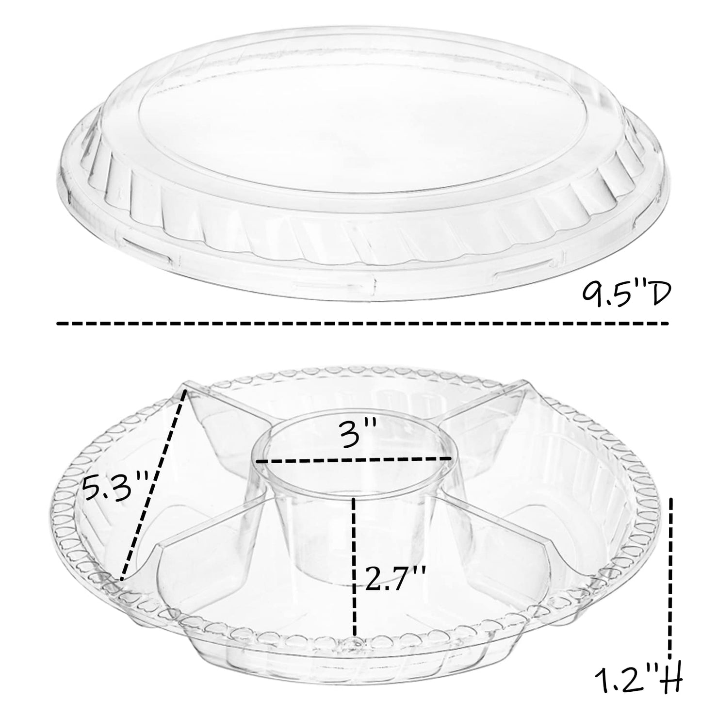 Lyellfe 30 Pack Plastic Appetizer Tray with Lid, Disposable Veggie Fruit Snack Tray with 5 Compartment, 9.5 Inch Heavy Duty Clear Round Food Container Platter for Salad, Nut, Olive, Party