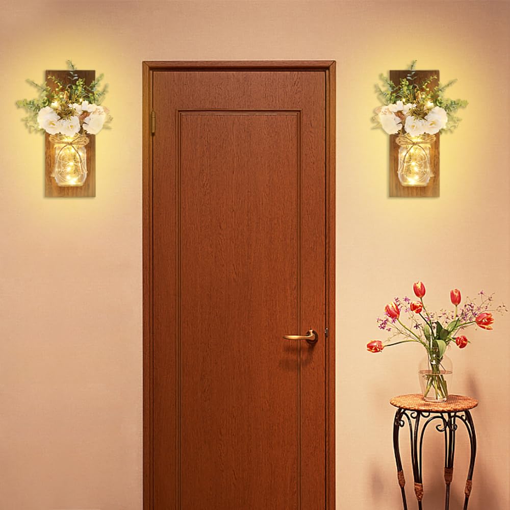 Rustic Wall Sconces Mason Jar Sconces Handmade Wall Art Hanging Design with Remote Control LED Fairy Lights and White Peony, Wall Decor Gift Farmhouse Wall Home Decor Living Room Lights Set of Two