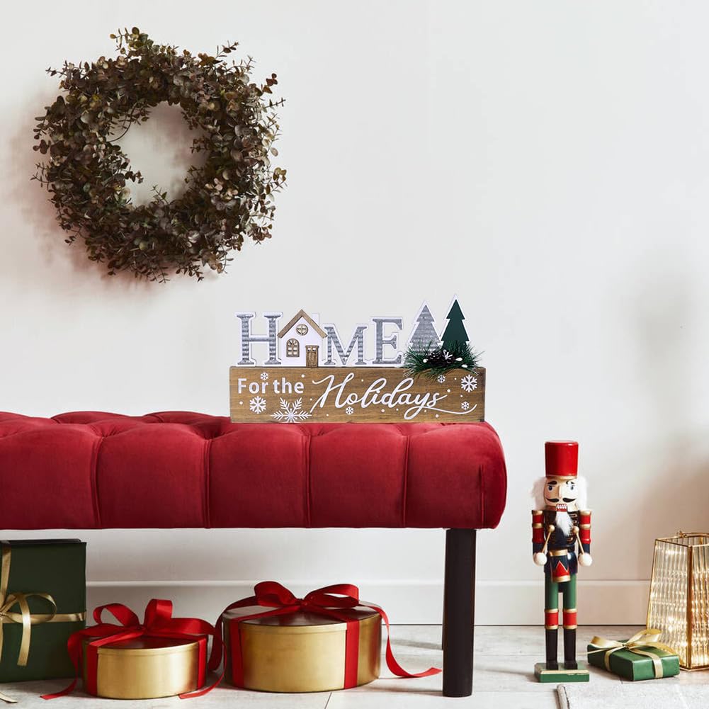 Wooden Christmas Sign Blocks, HOME for the Holiday Quote Table Decor, Xmas Centerpiece Block Sign with Snowflake & Pine Tree, Office Desk Mantle Decoration (BROWN)