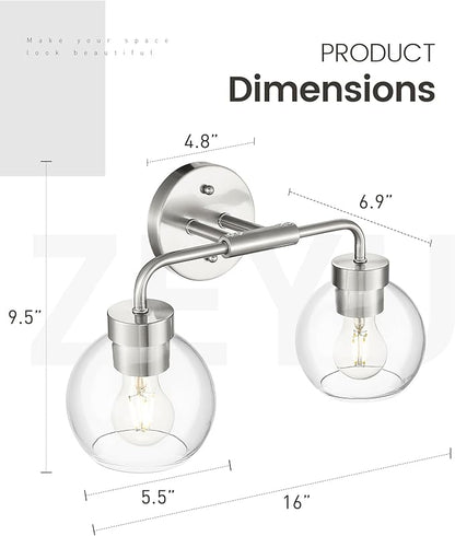 zeyu Modern Bathroom Vanity Lamp, Globe Vanity Light for Bathroom, 2-Light Wall Mirror Light, Brushed Nickel Finish with Clear Glass Shade, ZS62BG-2W BN