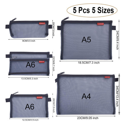 pendancy Mesh Zipper Pouch 5pcs Lightweight Nylon File Folders Document Organizer Cosmetic Bags Accessories Storage for Travel and Office Supplies (Grey, A4 A5 A6)