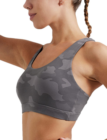 RUNNING GIRL Sports Bra for Women, Criss-Cross Back Padded Strappy Sports Bras Medium Support Yoga Bra with Removable Cups(2575_Camo Black_XL)