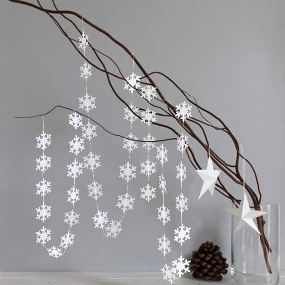 Cheerland Snowflake Garland Winter Wonderland Party Decorations White Snow Flake Hanging Paper Snowflakes Decor Snow Streamer for Birthday Holiday Baby Shower Office Classroom Winter Party Supplies