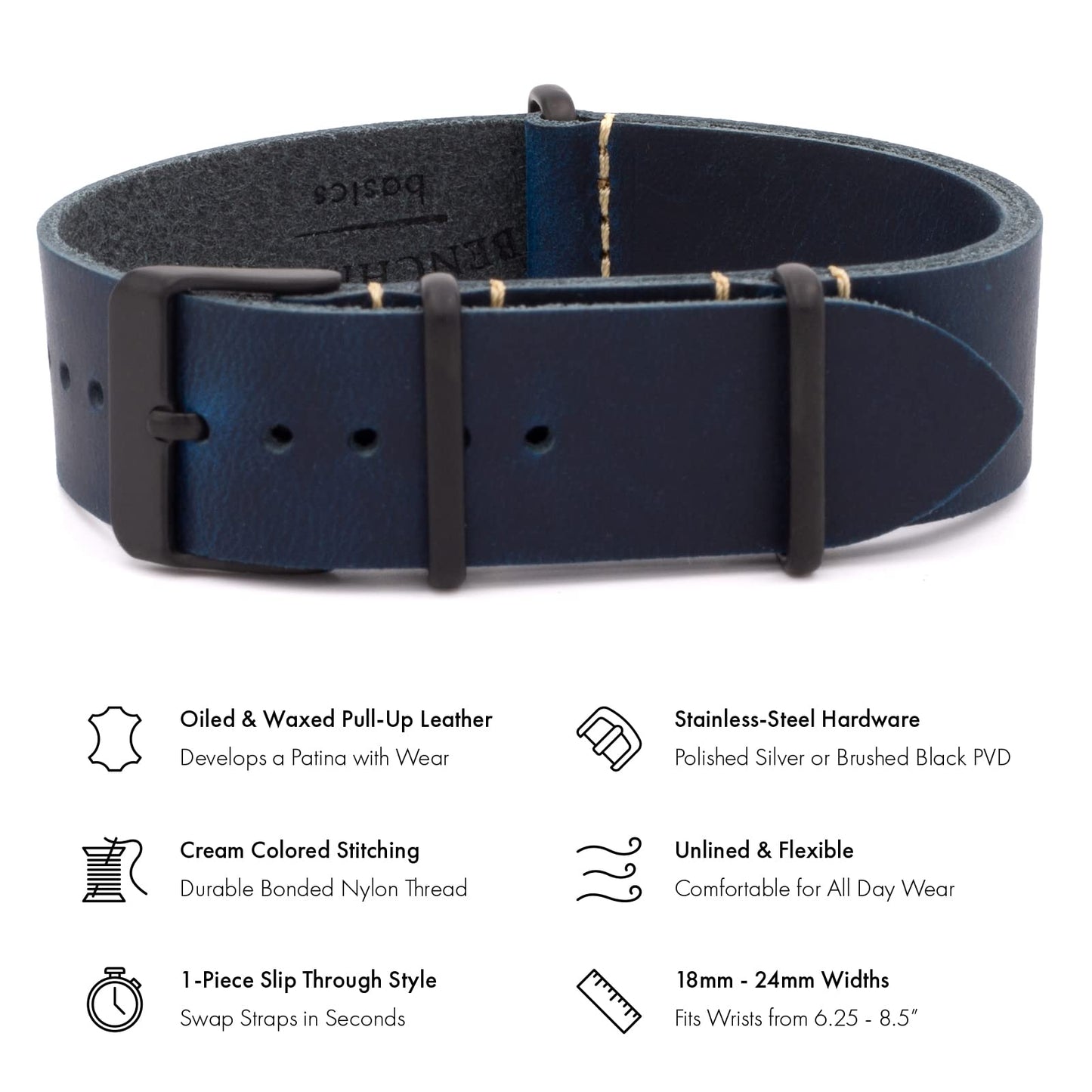 Benchmark Basics Leather Watch Band - Crazy Horse Oiled Leather One-Piece Watch Straps for Men & Women - Choice of Color & Width - 18mm, 20mm, 22mm or 24mm (20mm, Navy Blue PVD)
