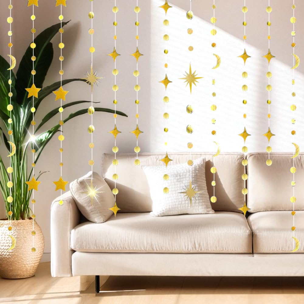 92FT Gold Moon Star Garland, Sparkly Crescent Moon & Star Hanging Decor for Ramadan Eid Mubarak, Birthday Party Supplies, Wedding Baby Shower Decorations, Photo Booth Props