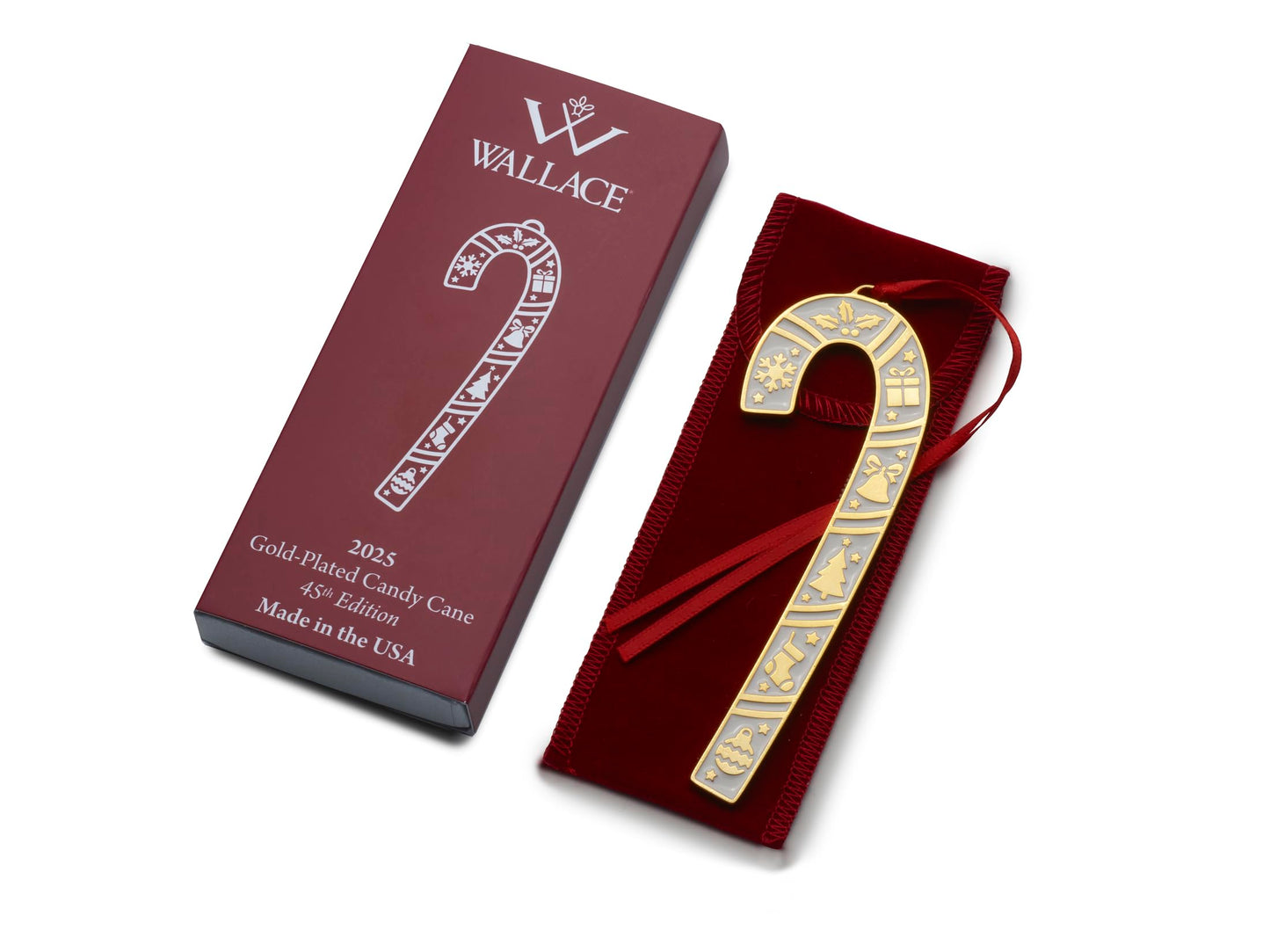 Wallace 2025 Gold-Plated Enamel Candy Cane Ornament - 45th Anniversary Edition - 24k Gold with Blue Enamel and Snowflake Design - 4.5 Inches - Holiday Collectible