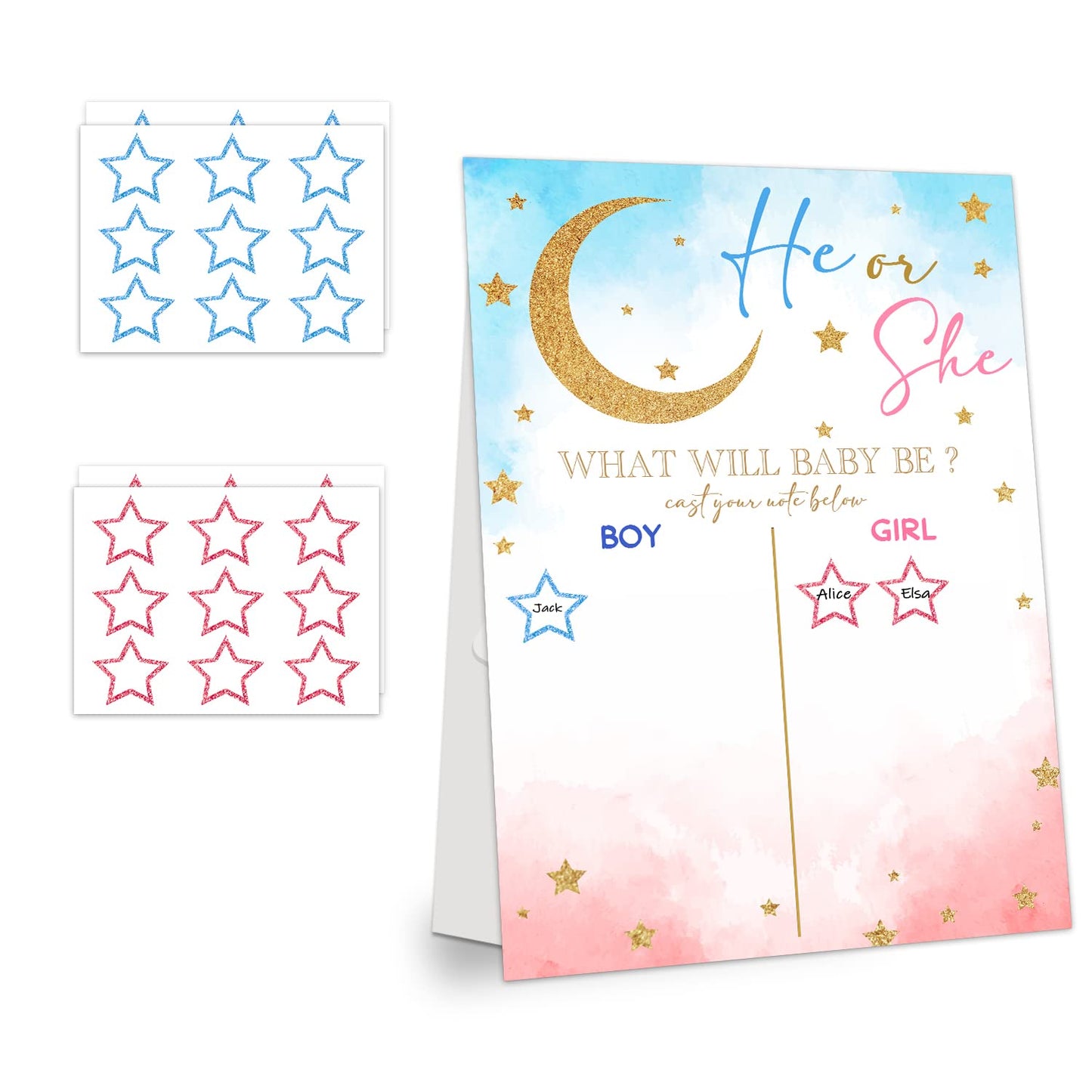 LNOKRIM Gender Reveal Party Games, Twinkle Little Star Theme Baby Gender Reveal Voting Board Sign, 48 Boy Girl Voting Stickers, He or She, Gender Reveal Party Centerpiece Decorations (12x17)