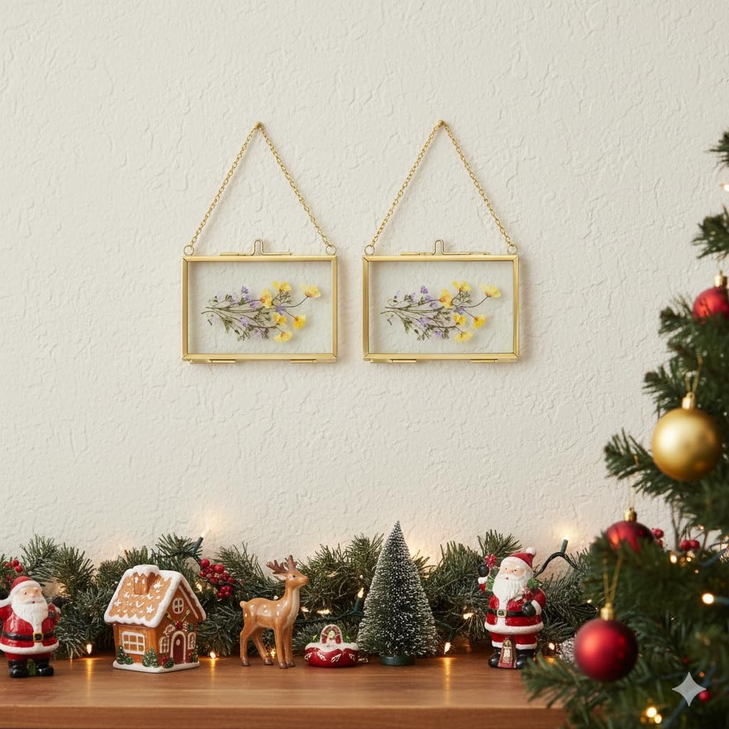 FOCHIER F 4 Pcs Pressed Flower Frame, Wall Hanging Tabletop Display Double Glass Frames with Metal Chain for Pressed Dried Flowers Plants, Horizontal and Vertical Picture Frame, Black, FRAMES ONLY