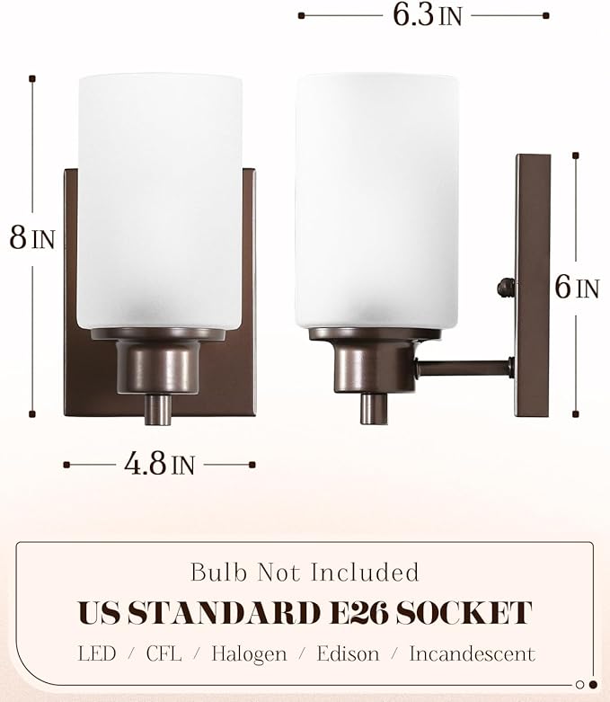 2 Pack Wall Sconces Bathroom Lights, Indoor Bath Vanity Light Fixtures for Living Room Porch Bedside, Oil Rubbed Bronze with White Frosted Glass Shades Wall Mounted Lights, Twin