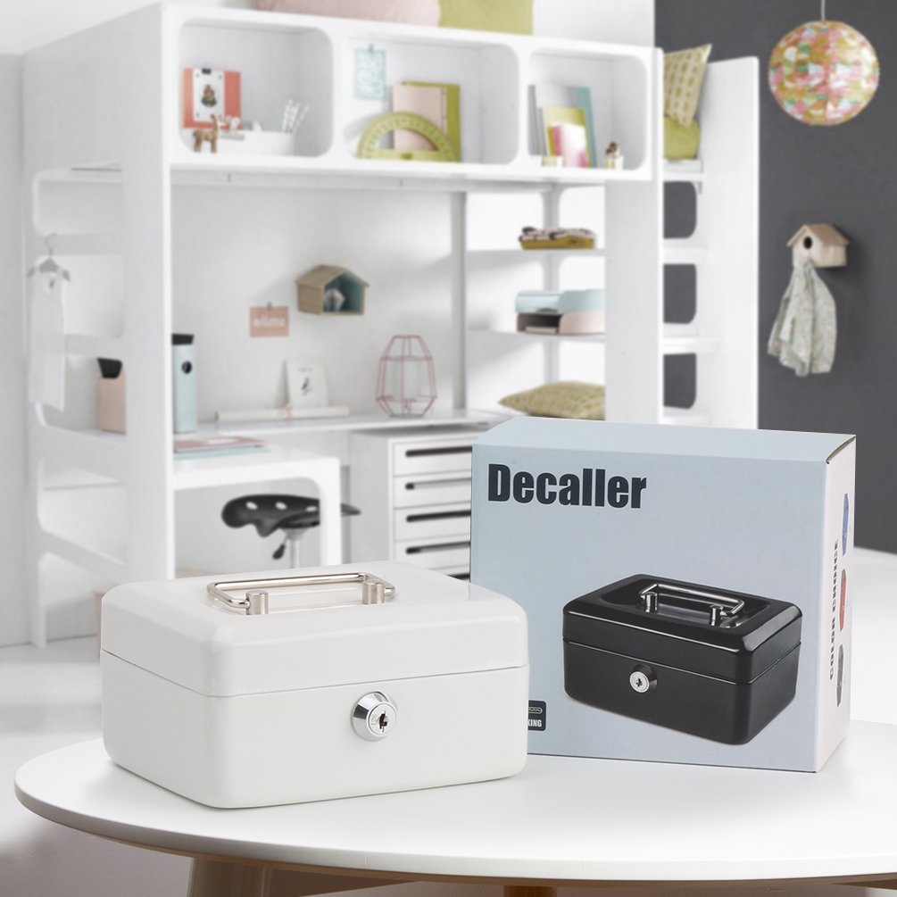 Decaller Small Cash Box with Key Lock, Double Layer Metal Money Box for Home Security, Portable Locking Box, 5.9" x 4.7" x 3.2", White