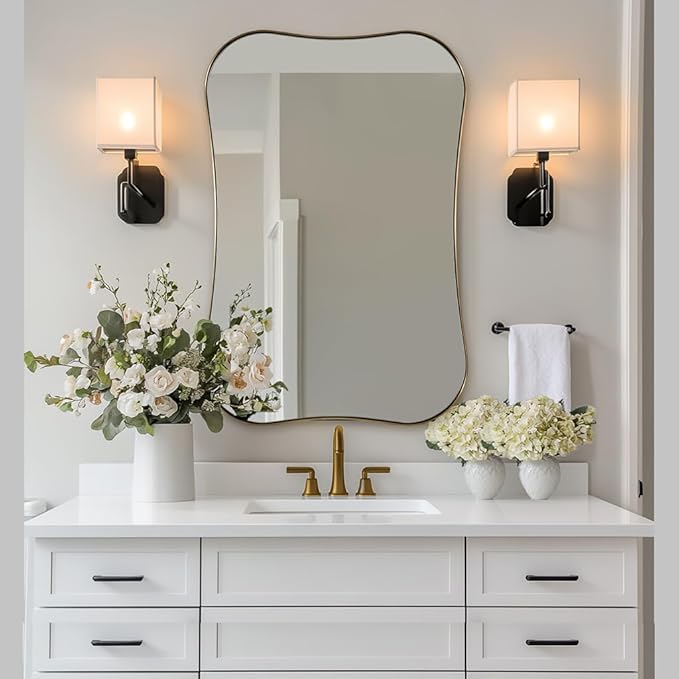 ANDY STAR 24x36 Inch Brushed Brass Scalloped Mirror, Modern Gold Bathroom Mirrors with Unique Notched Edges Design in 1 Inch Stainless Steel Frame Wall Mounted Horizontal/Vertical for Home Decor