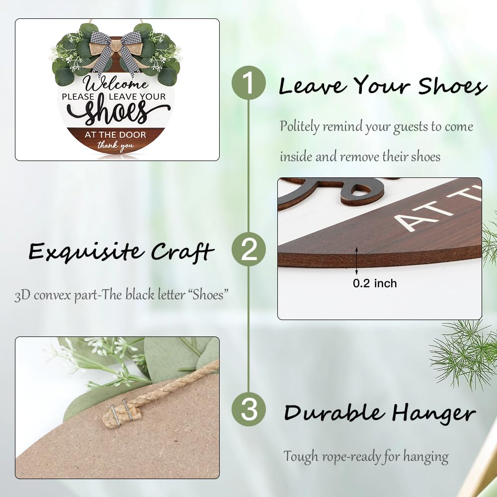 TOARTi 3D Welcome Wreath Bow-Knot Front Door Wood Sign Hanging, Please Leave Your Shoes Funny Sign Round Plaque, Shoes Off No Shoes Sign for Home Porch Entrance Decoration