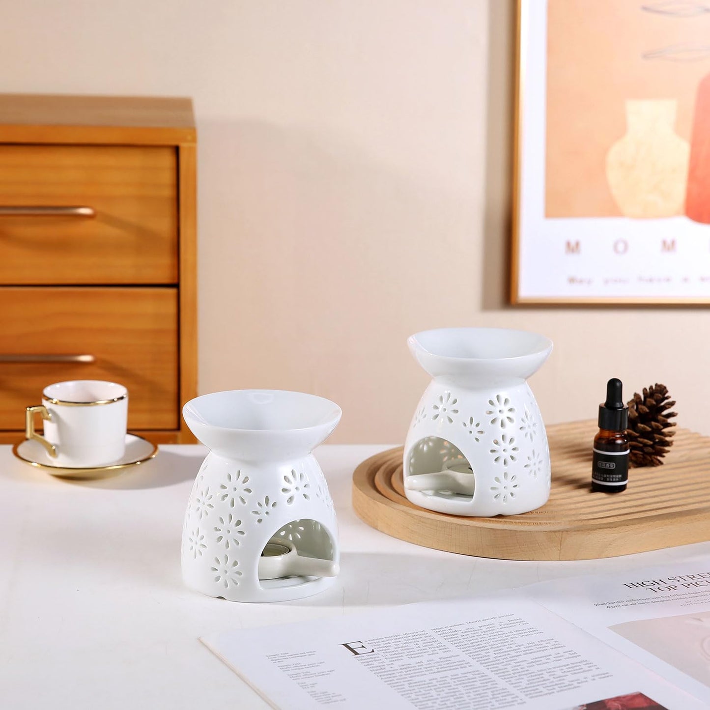 Auxmeware - Ceramic Tea Light Candle Holder Set of 2, Essential Oil Burner Wax Melt Burner, Incense Aroma Diffuser, Home Decor