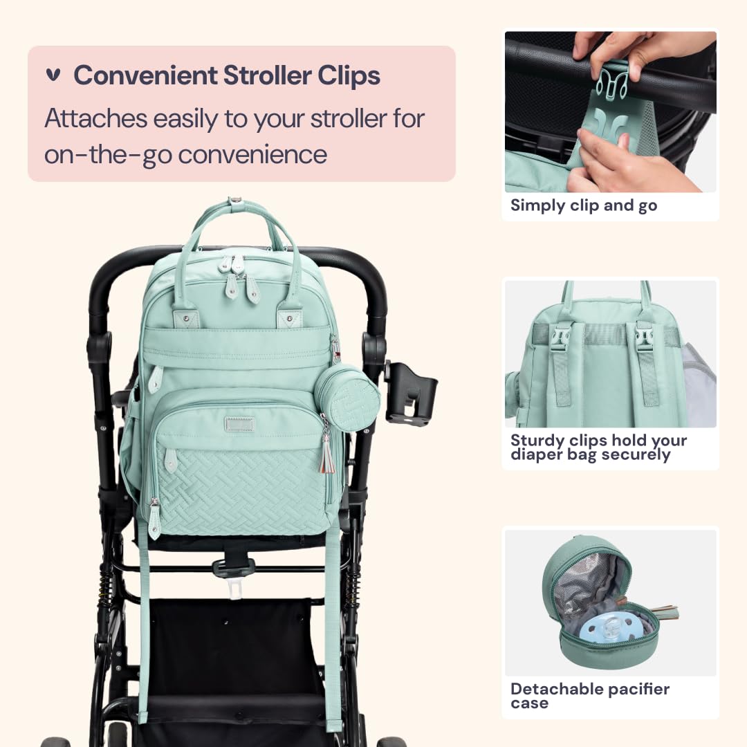 BabbleRoo Diaper Bag Backpack - Baby Essentials Travel Bag - Multi Function Water Resistant Diaper Bag, Travel Essentials Baby Bag with Changing Pad, Stroller Straps & Pacifier Case – Sage Green