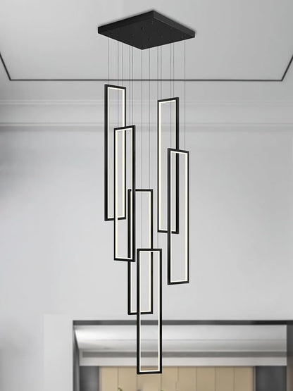 Flashing God Modern Chandelier,Black Chandelier with 6 Ring Led Foyer Chandeliers,Larger High Ceiling Chandelier for Living Room,Rectangle Chandelier for Entryway Staircase LED Dimming 2700k-6001k