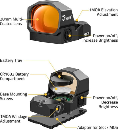 WolfCovert Pistol Dot Sight - 6 MOA Open Reflex Optics with 1.1" Large Lens | Adapter for MOS & 21MM Picatinny