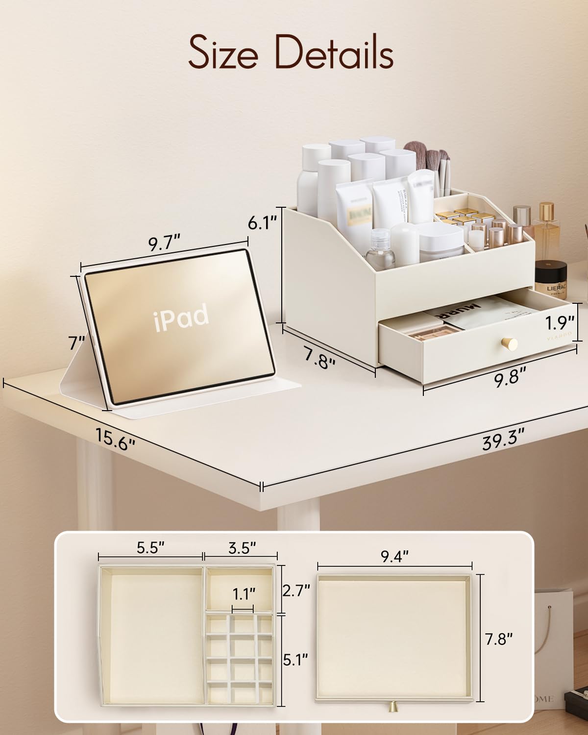 VLANDO Makeup Organzier,Vanity Organizer with Drawers, PU Leather Skincare Organizer Perfume Organizer,Large Cosmetic Display Case for Lipstick,Brushes Gifts for Women-Beige