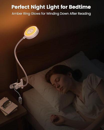 Glocusent 72 LED Clip on Lamp with Remote, Reading Light with Amer Ring Night Light, 3 Colors & 5 Dimmable Desk Lamp with Clamp, Auto-Off Timer for Night Reading, Bed Light for Headboard/Dorm/Bunk