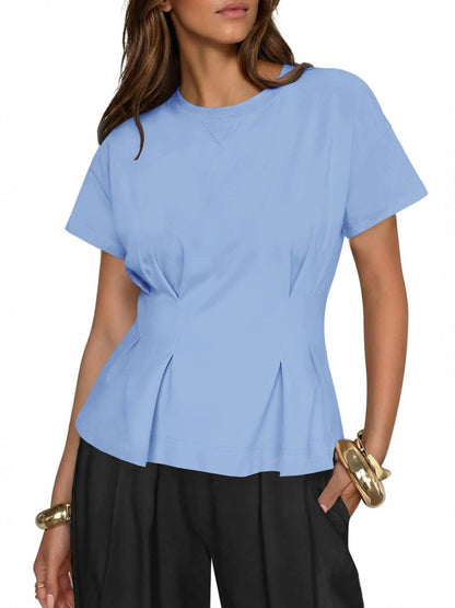 Fisoew Womens Peplum Tops Short Sleeve Babydoll Summer T Shirts Casual Crop Crew Neck Pleated Blouses Blue