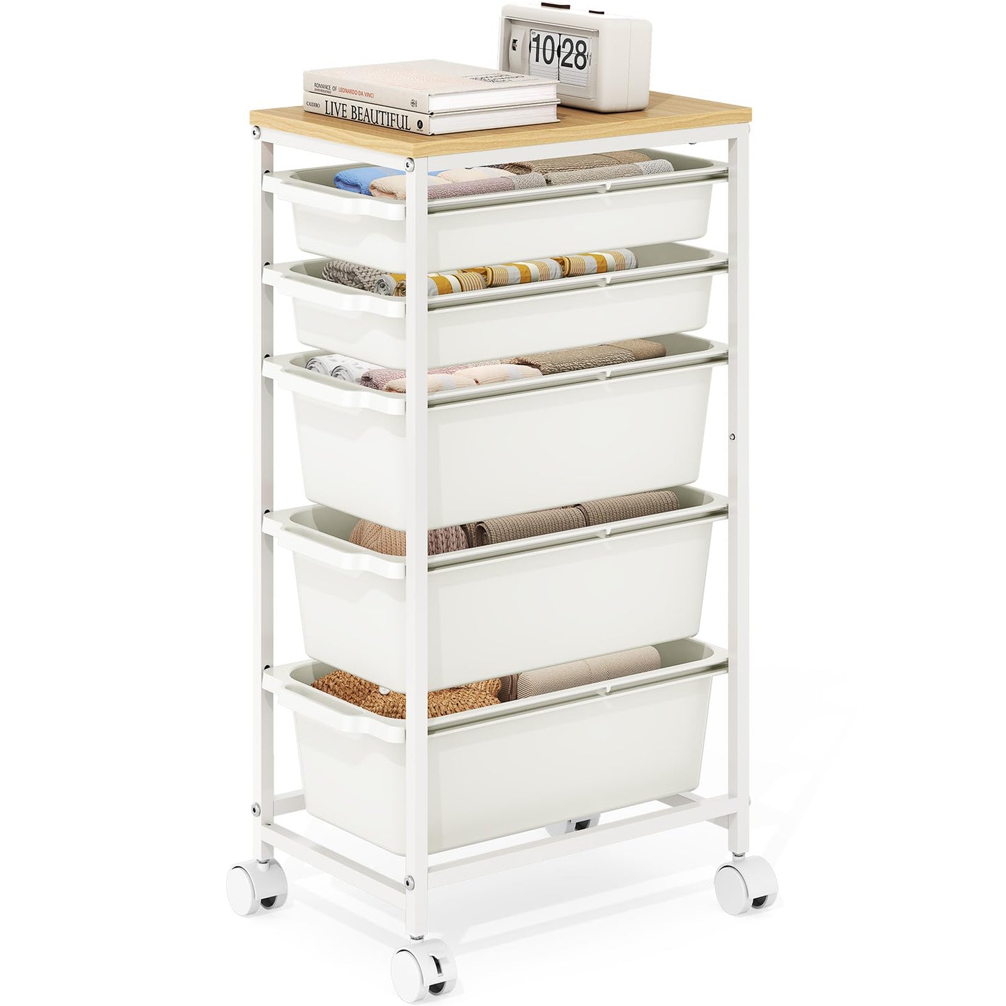 Rolling Storage Cart with 5 Drawers, Craft Organizer, Wooden Tabletop Utility Cart for Bedroom, Children's Room and Office Organization, Table Side Trolley with Lockable Wheels, White