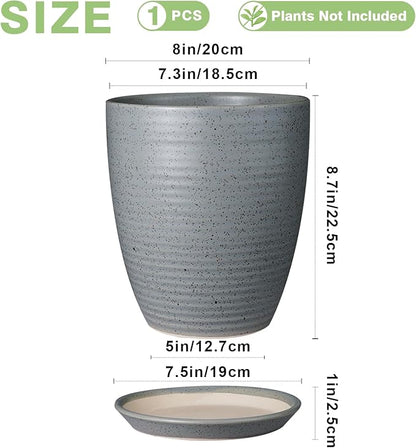 8 Inch Plant Pot Ceramic Planter Pot with Drainage Hole and Saucer Modern Round Flower Pot for Indoor Plants Light Gray