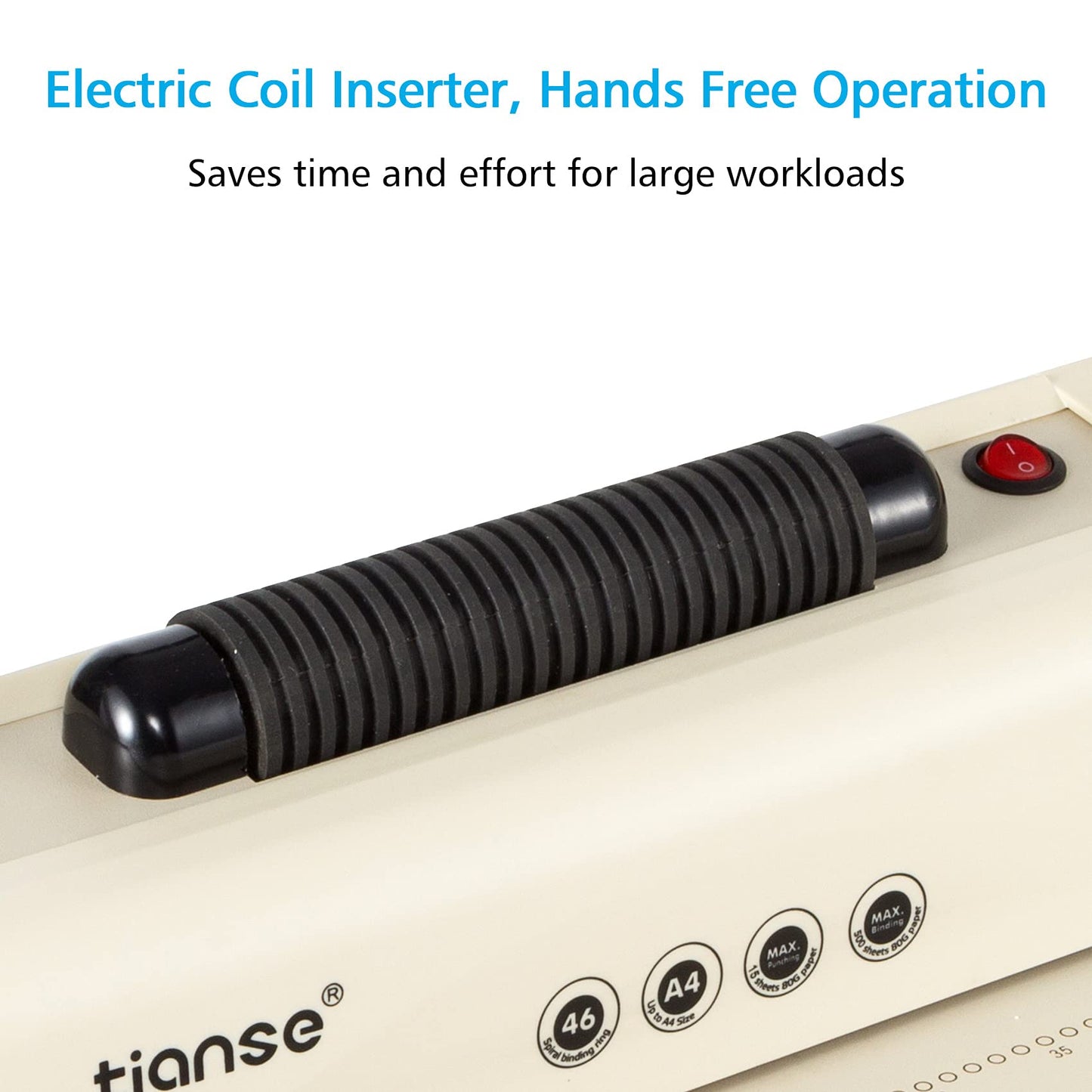 TIANSE Coil Binding Machine, Electric Coil Inserter, Manual Round Hole Punch, 15 Sheets Punch Capacity, Perfect for Letter Size / A4 / A5, Comes with 100pcs 5/16'' Plastic Coil Binding Spines & Plier