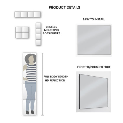 Dulles Glass - Wall Mirrors, 12''x 10'' Glass Wall Mirror Tiles (16 PCS), Large Full Body Mirror for Home Gym, Bedroom, Door, Bathroom, Frameless Mirror Tiles (Glass - 12'' x 10'' - 16PCS)