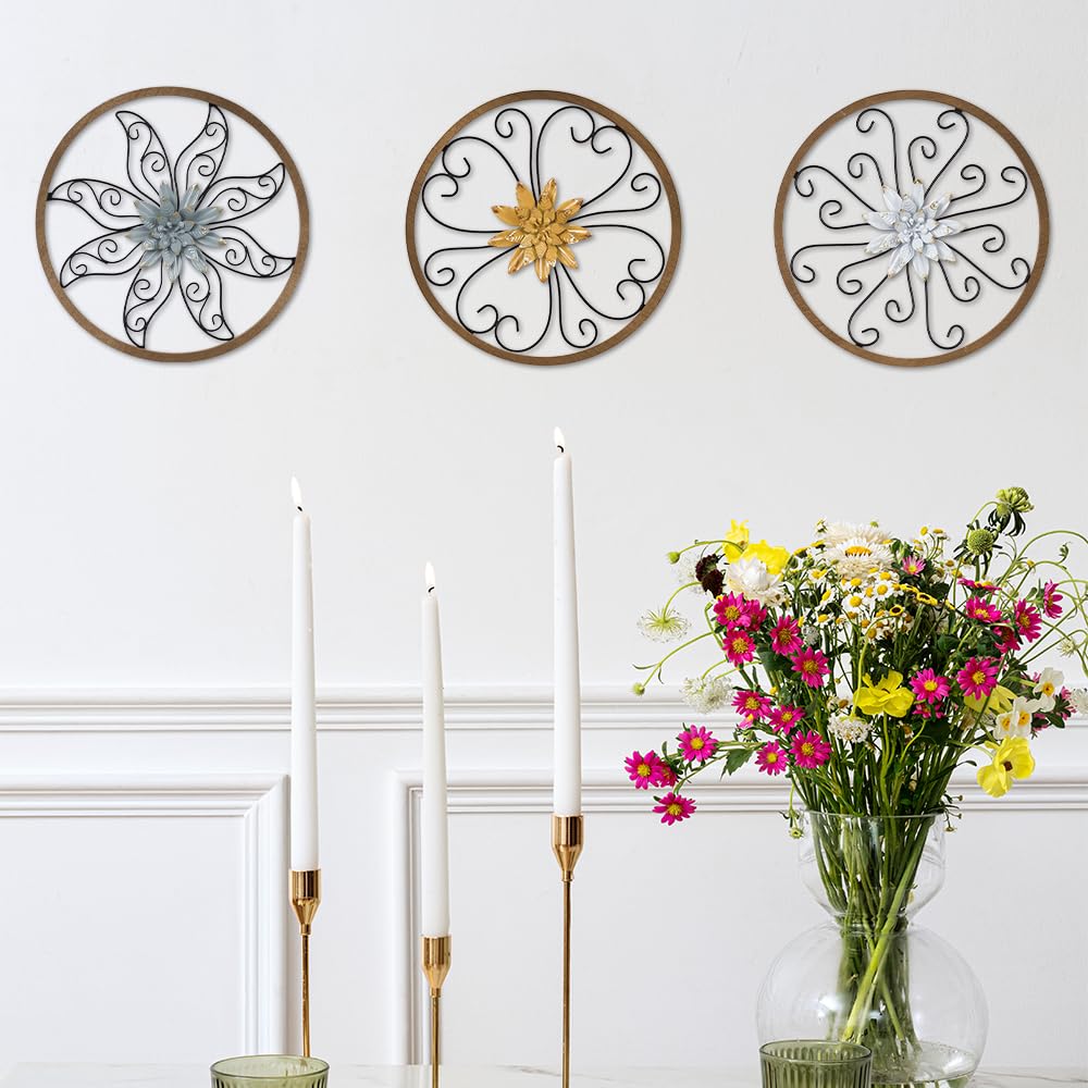 hogardeck Metal Flower Wall Decor - 3 pcs 11" Metal Wood Floral Wall Decoration with 6 Piece Interchangeable Flowers, Hanging Rustic Wall Art for Bedroom, Living Room, Bathroom, Kitchen