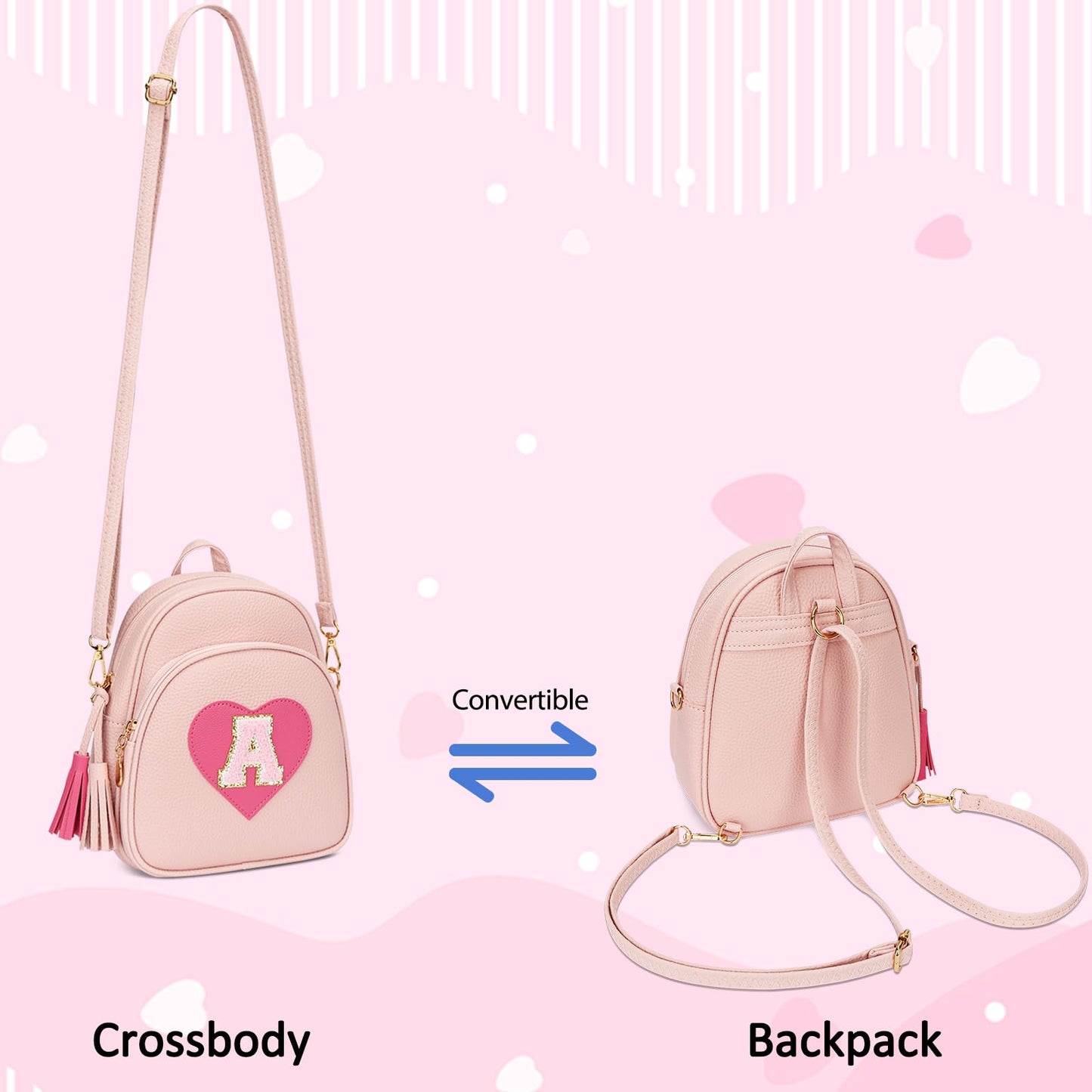 CLOUDWINGS Birthday Gifts for Kids Gifts for Girls Little Girl Initial Mini Heart Backpack Purse Crossbody Bag with Tassel，Pink-A