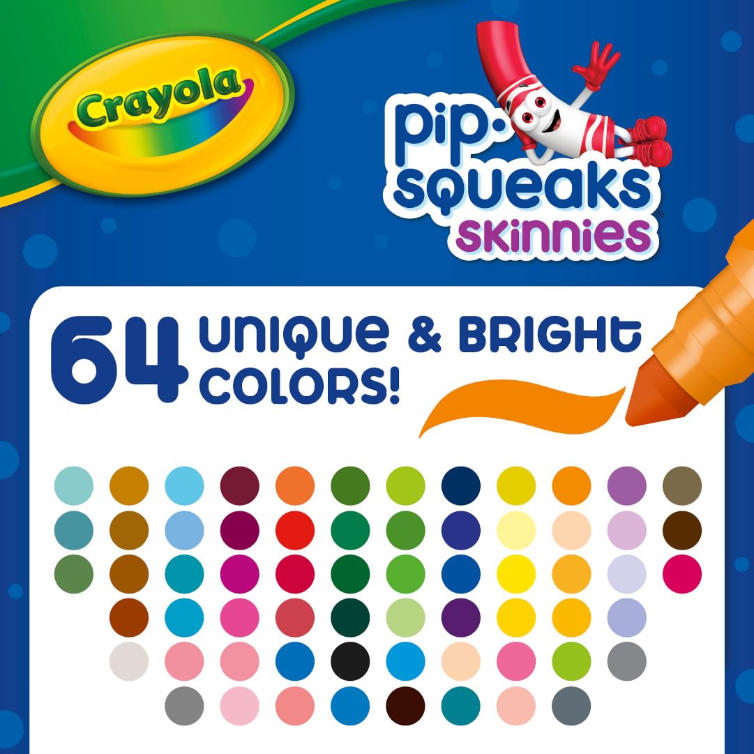 Crayola Pip-Squeaks Skinnies Washable Markers (64ct), Mini Markers for Kids, Coloring Markers, Craft Supplies, Kids Holiday Gift, 3+