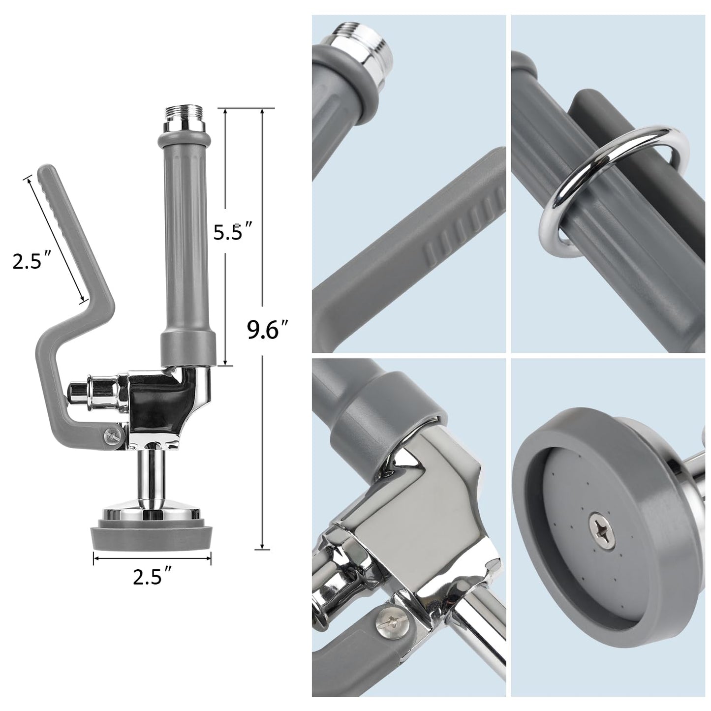 Spray Valve with 44inch Flexible Hose & Pre Rinse Spring Replacement Kit for Commercial Kitchen Sink Faucet 1.42GPM High-Pressure Restaurant Dish Sprayer Stainless Steel Hose & Overhead Spring (Grey)