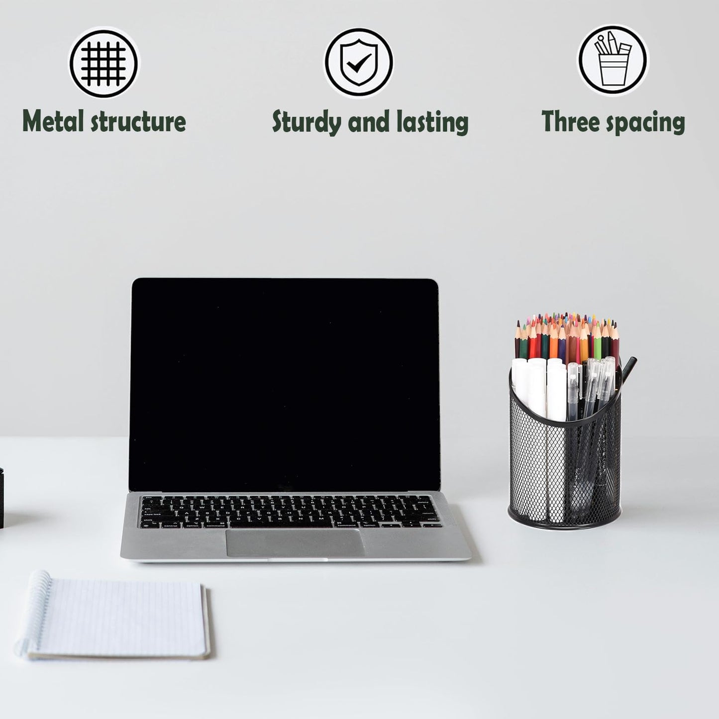 MINDEPOT 2 Pack Mesh Pencil Holder Pen Cup for Desk Round Black Pen Holder Desktop Pen Organizer 3 Compartments Pencil Organizer Desk Organizer for Office Home School