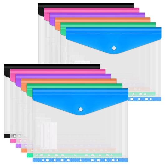 12 Pack Colorful Binder Pocket Bulk, Plastic Envelopes Binder Folders with 11 Holes for 2/3/4 Ring Binders, Label Pocket, Binders Organizer, 6 Assorted Colors, Expandable, for Office Home