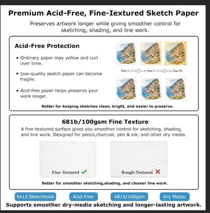 Soucolor 9" x 12" Sketch Book 100 Sheets, Acid Free (68lb/100gsm) Artist Drawing Paper Book Painting Sketching Pad, Classroom Must Haves Supplies for Teacher Student, Back to School Supplies
