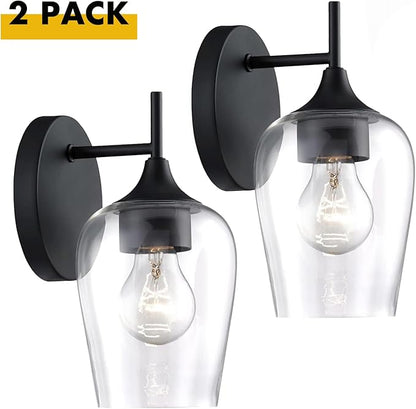 Hamilyeah Black Wall Sconces Set of Two, Farmhouse Sconces Wall Lighting Hardwired, Bathroom Vanity Lighting with Clear Champagne Glass Shade, Indoor Wall Lamp for Kitchen Stairway Living Room