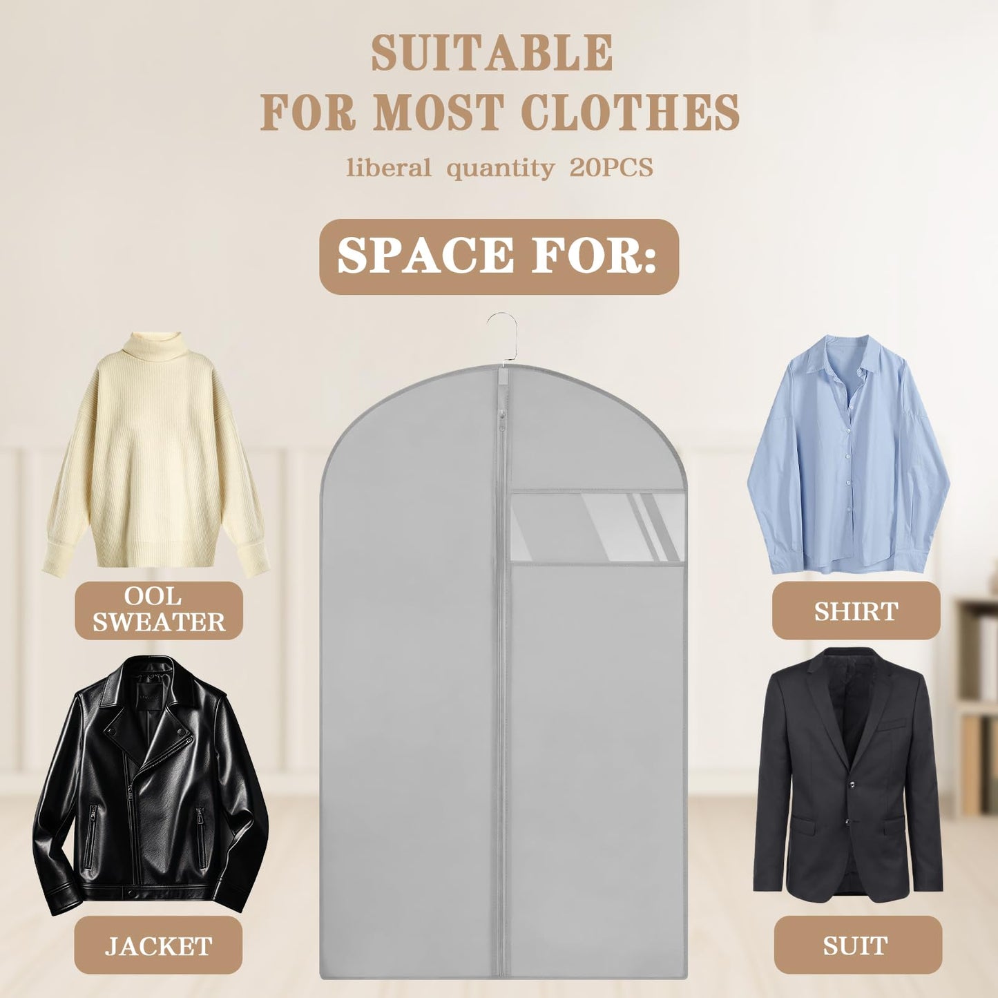 20 Pack Garment Bags for Hanging Clothes,Suit Bags For Closet Storage and Travel with Clear Window 40-inch Suit Garment Bag for Men Women Skirt Shirt Coat,Gray