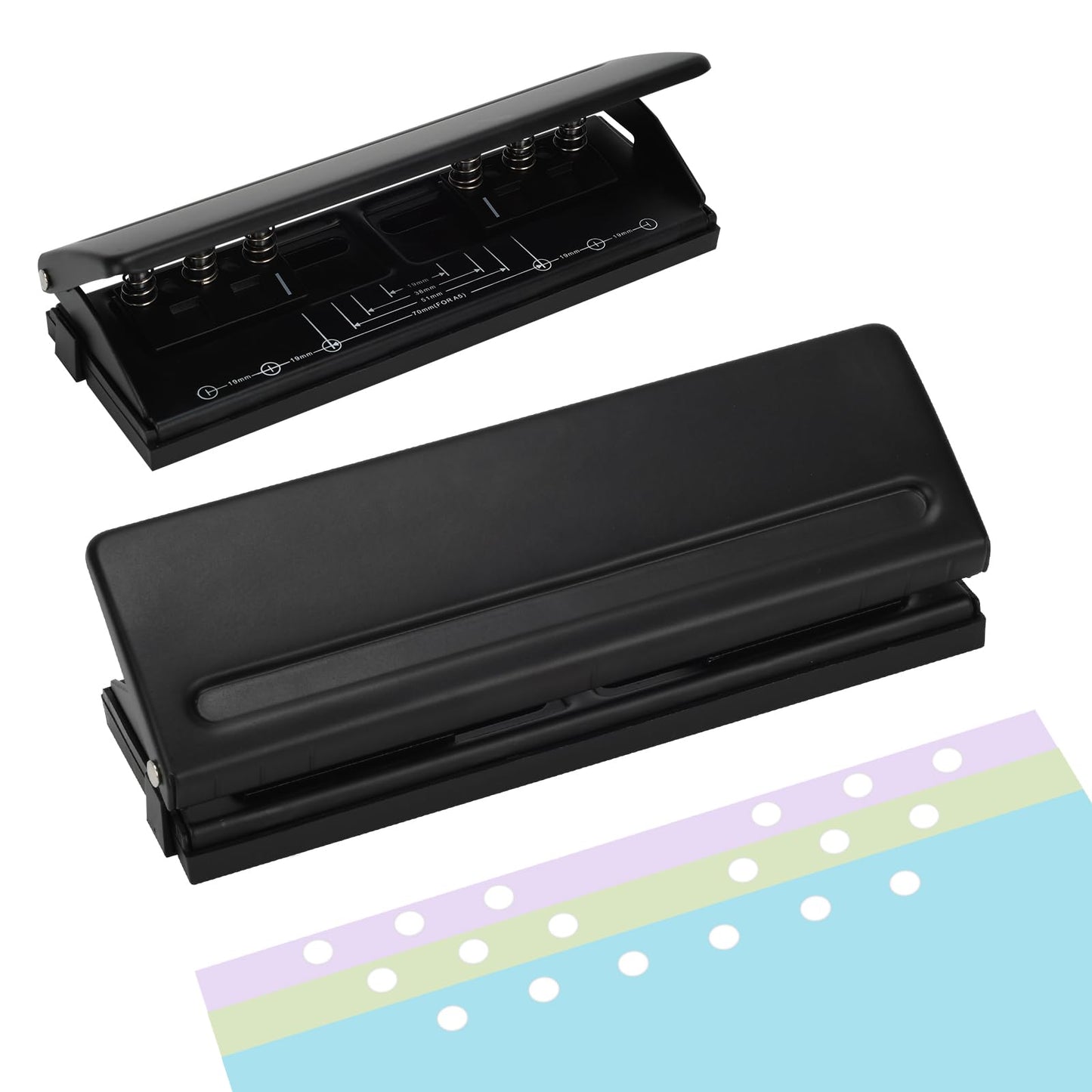 Adjustable 6-Hole Punch - Metal Hole Puncher for A4/A5/A6, Personal & Pocket Planners - 6-Ring Binder Puncher 6-Sheet Capacity, Non-Slip Base, with Ruler & Hole Guide (Black)