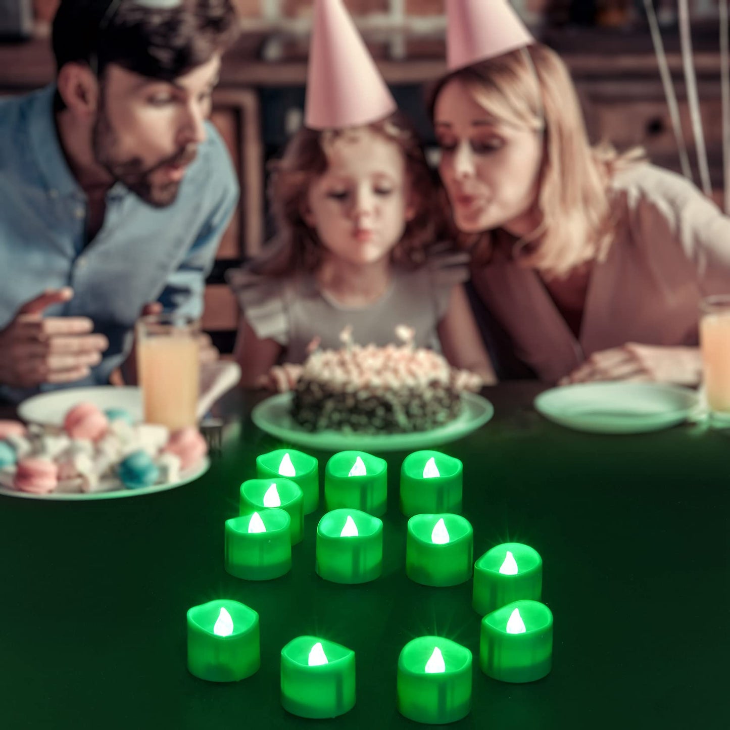 PChero 12pcs Green LED Tea Lights with Timer, Flickering Flameless Tealights Battery Operated Long Lasting Fake Candles for Wedding, Party, Christmas, Halloween and Festival Celebration