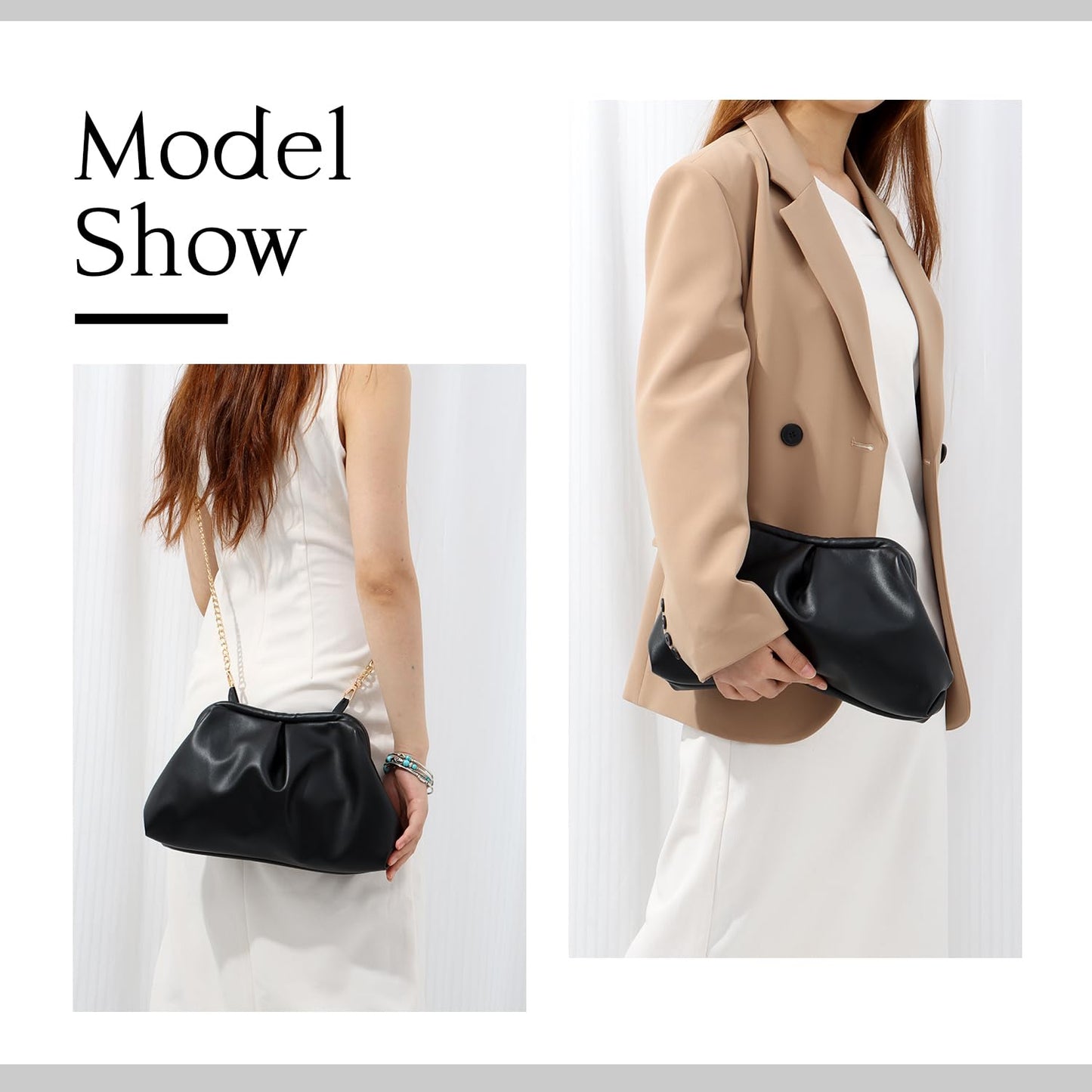 Oweisong Soft Leather Clutch Purse for Women Silver Cloud Evening Handbag Ruched Dumpling Bag for Vacation Party