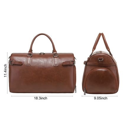 Vegan Leather Duffle Bag, LXY Travel Duffle Weekender Bag with Shoe Compartment, Duffel Overnight Gym Bags for Women Men Brown