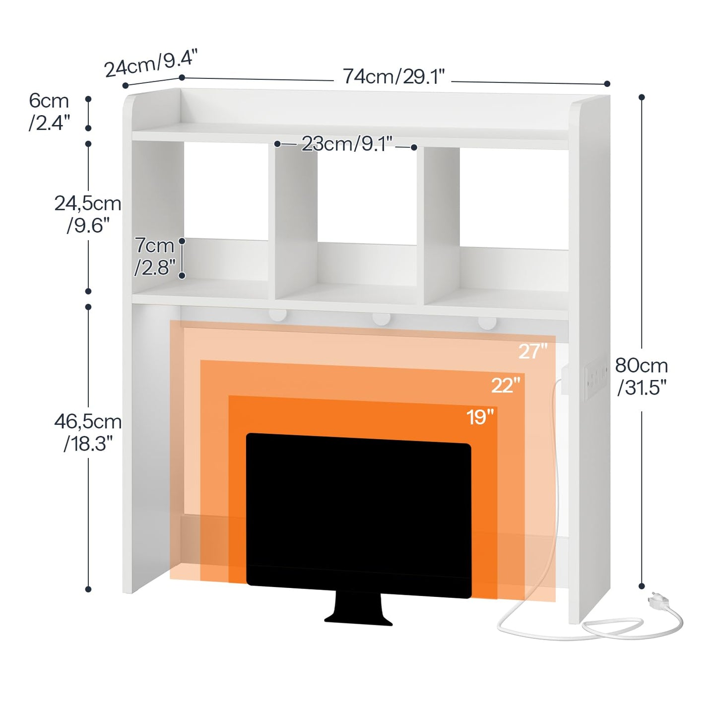 HOOBRO Desktop Bookshelf, Office Desktop Shelf, Desk Hutch with Outlets, Wooden Office Desktop Bookcase, Desktop Organizer Shelf with LED Light Strip and 3 Hooks, for Home, Study, White WT12UDSJ01