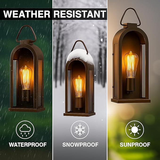 Vintage Outdoor Wall Light Fixtures (2 Pack) - Dark Brown Porch Lantern/Exterior Wall Sconce, Glass Shade, Sturdy Metal Frame, Waterproof & Anti-Rust, for Entryway/Garage/Patio/Doorway, E26 Socket
