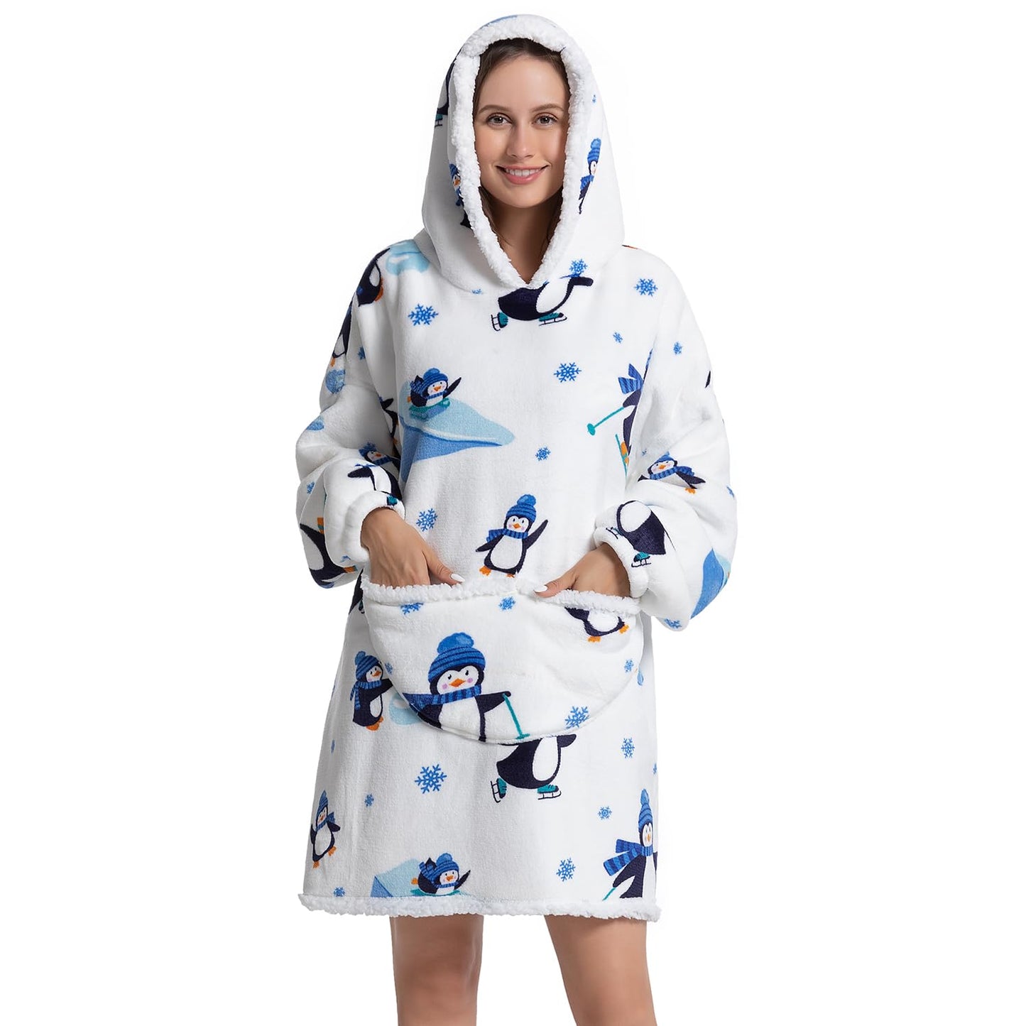 Oversized White Penguin Comfy Wearable Blanket, Big Sherpa Fleece Animal TV Hoodie Sweatshirt, Christmas Gifts for Adults Women Girls Teens