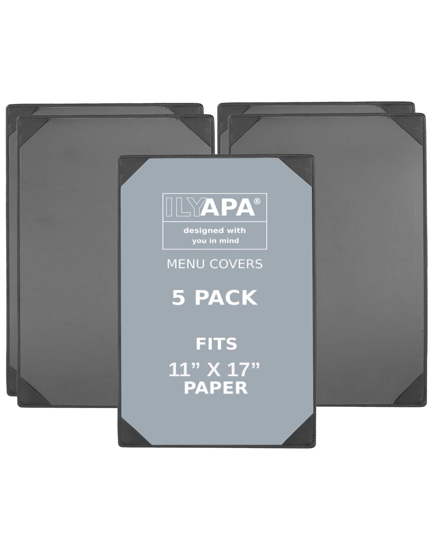 Ilyapa 5 Pack Restaurant Menu Covers 11 x 17 - Vinyl Leather Menu Holder, Single Sided Book with Corner Sleeves for Display of Wedding Menus, Weekly Kitchen Specials & Bar Drinks for Table Top