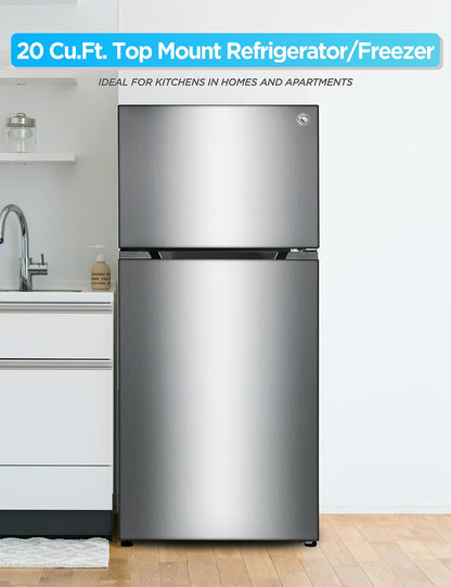 Commercial Cool 20 Cu. Ft. Top Mount Refrigerator with Ice Maker, 2-Door Refrigerator with Top Freezer,Freezer with Icemaker and Adjustable Temperature Control,Energy Star Certified, Stainless Look