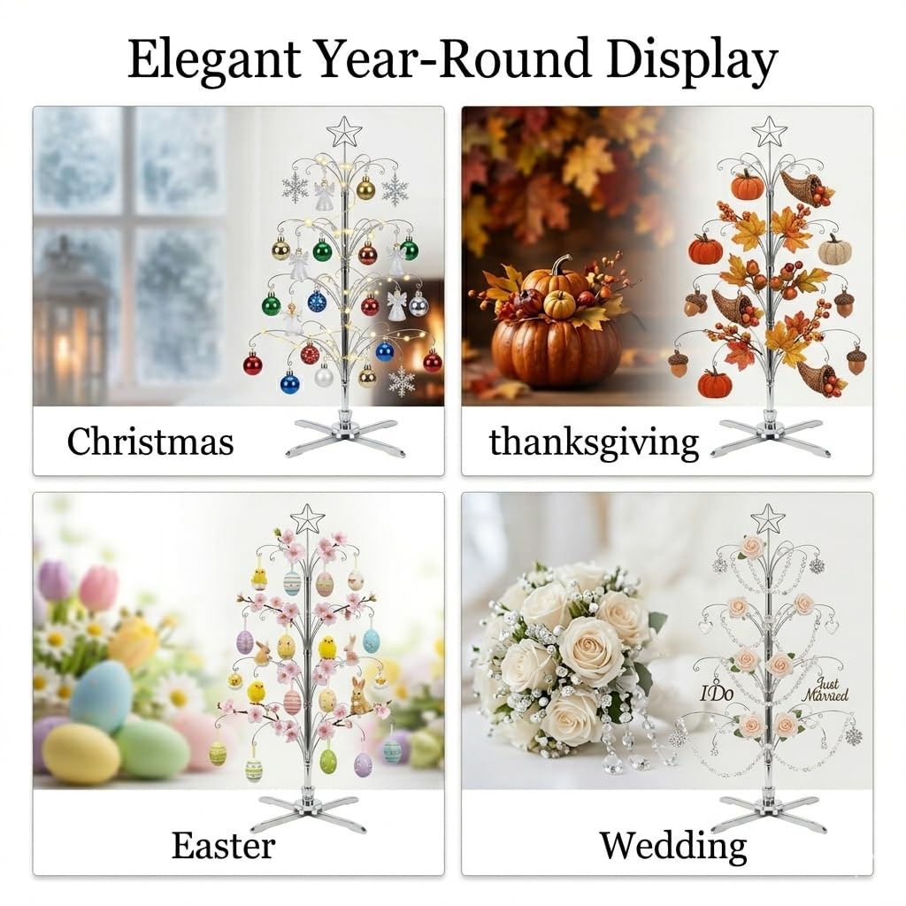 HOHIYA 74” Rotating Ornament Display Tree with 90 Hooks Heavy Duty Metal Christmas Ornament Stand Chrome Silver Holiday Display Rack Christmas Tree Alternative