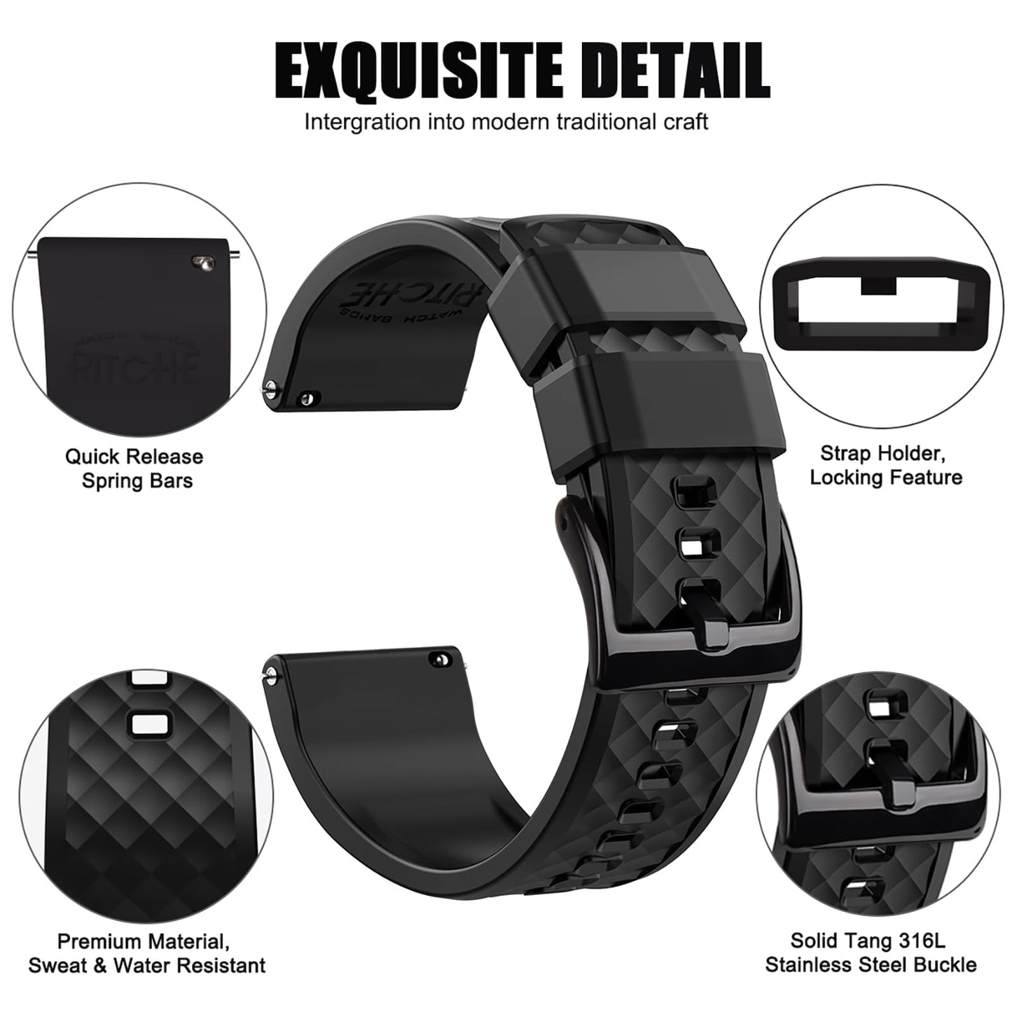 Ritche Silicone Watch Bands 18mm 20mm 22mm 24mm Quick Release Rubber Watch Bands for Men, Black / Black, 20mm, Classic,Sport